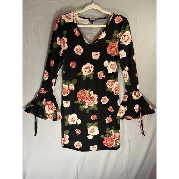 Black Floral Mini Dress Bell Sleeves sz L Juniors Pink Roses Romantic Retro - Picture 10 of 10